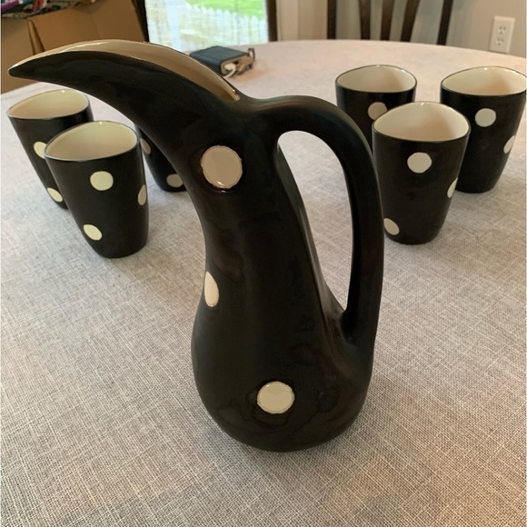 Vintage 1950’s MCM Atomic Matte Black Polka Dot Pitcher & 6 Glasses Signed - Picture 8 of 11